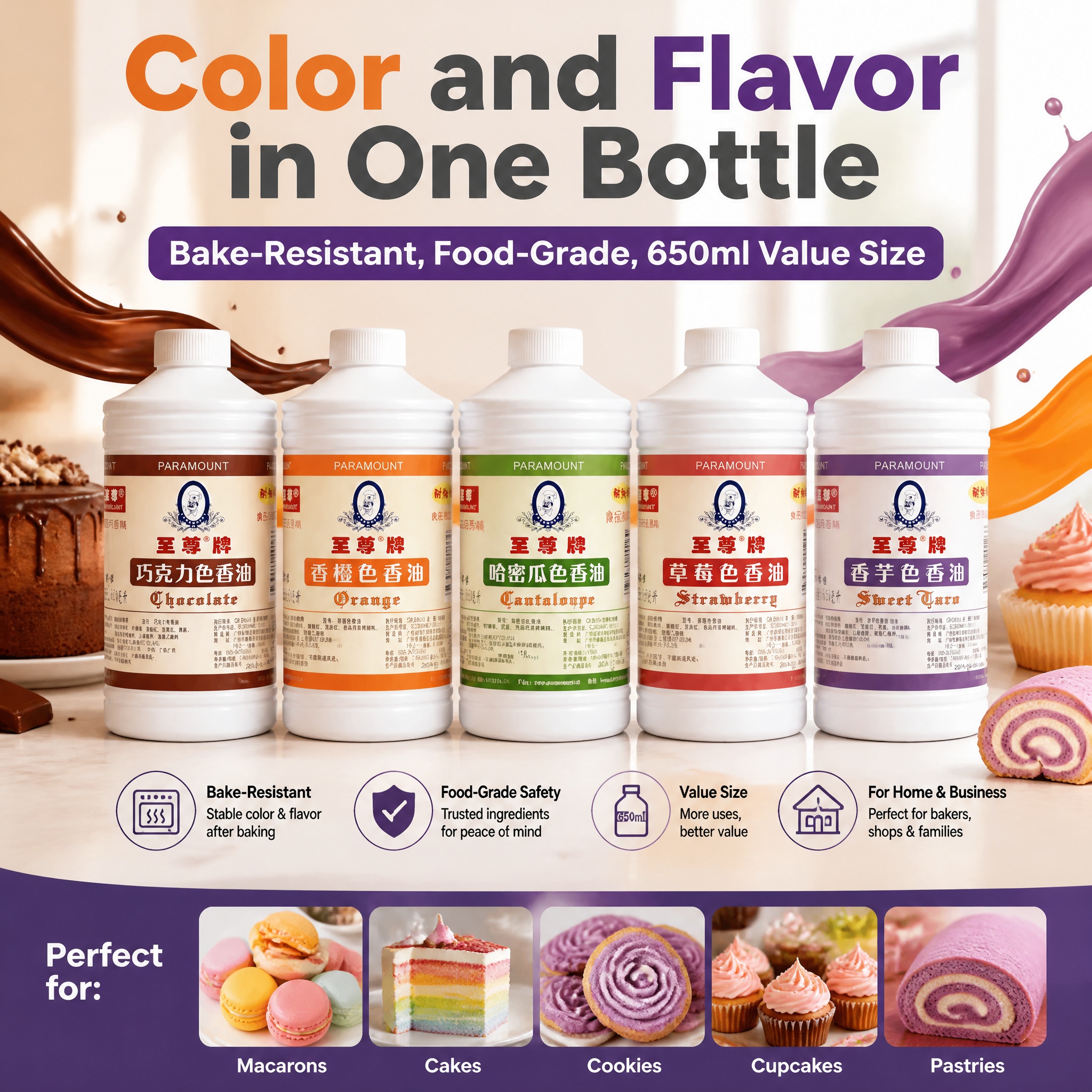 Paramount Brand Food Grade Coloring & Flavoring Oil – Chocolate, Strawberry, Melon, Taro Varieties – 650ml – For Baking, Candy, Beverages & Confectionery