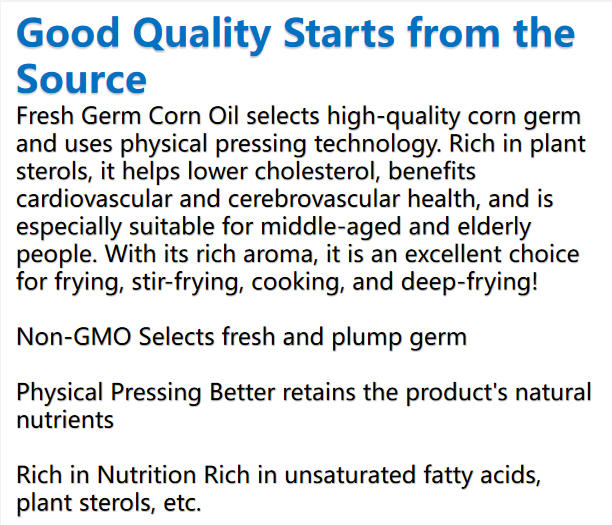 5L Fresh Corn Germ Oil Non-GMO Physical Pressing Refined Cooking Oil Heart Healthy Plastic Bottle 24-Month Shelf Life for Family